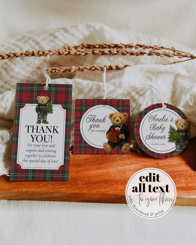 Christmas Bear Unique Guest Gift Favor Tags Label and Sticker Template for Vintage Luxury Polo Baby Shower Tuxedo Bear Party Template #068 - TheLovebirdsDesign