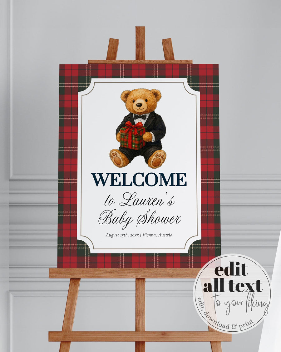 Christmas Teddy Bear Baby Shower Welcome Sign Template, Vintage Tuxedo Bear Decor 068CH-WLCM - marryful.org