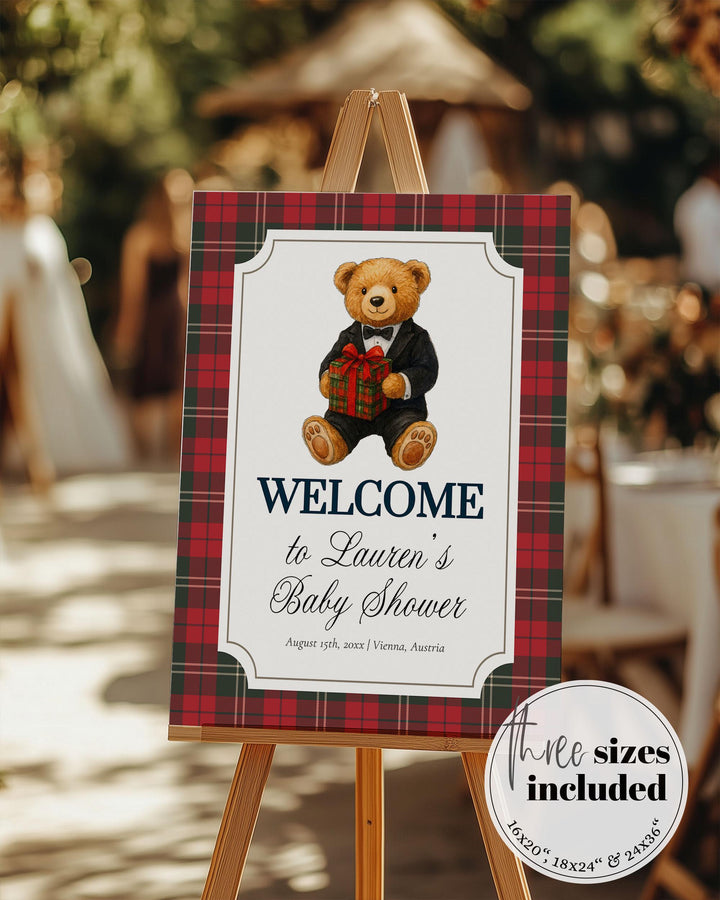 Christmas Bear Baby Shower Welcome Sign Teddy Bear Theme Ralph Vintage Santa Polo Welcome Sign with Tuxedo Bear Party Decor Template #068 - TheLovebirdsDesign