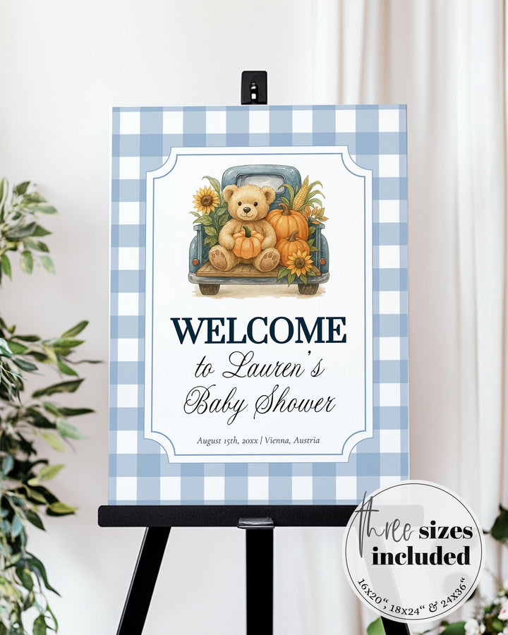 Fall Pumpkin Bear Welcome Sign Boys on Truck Thanksgiving Baby Shower Welcome Sign Template Blue Gender Neutral Teddy Bear Theme #068 - TheLovebirdsDesign