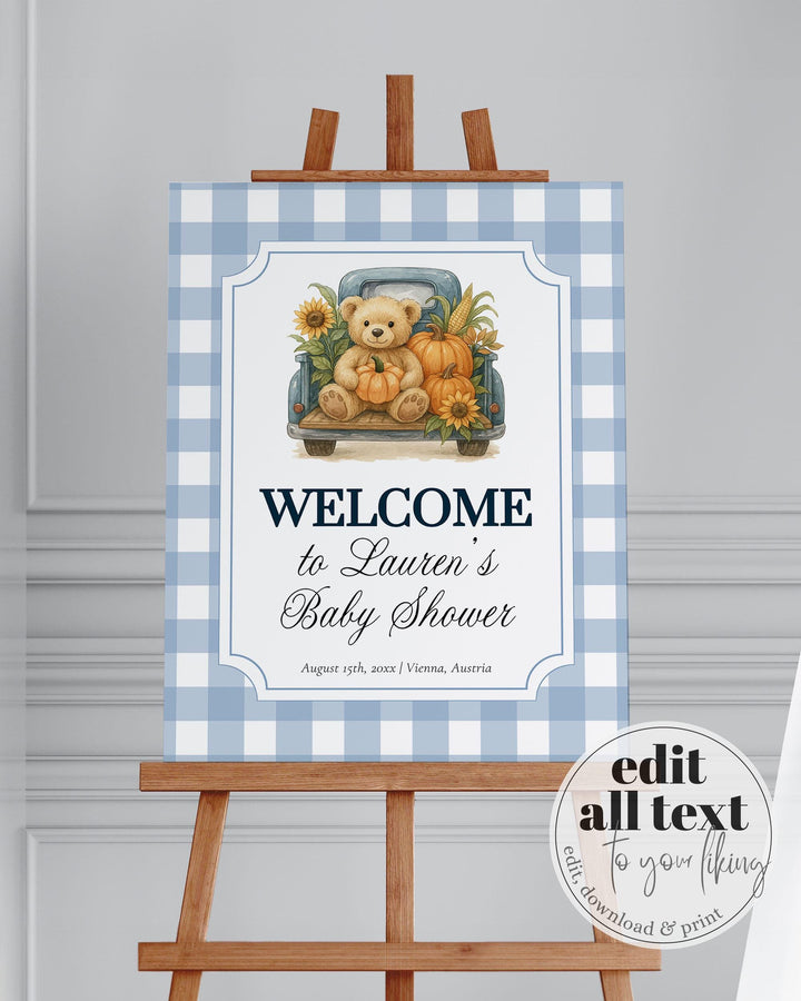 Fall Pumpkin Bear Welcome Sign Boys on Truck Thanksgiving Baby Shower Welcome Sign Template Blue Gender Neutral Teddy Bear Theme #068 - TheLovebirdsDesign