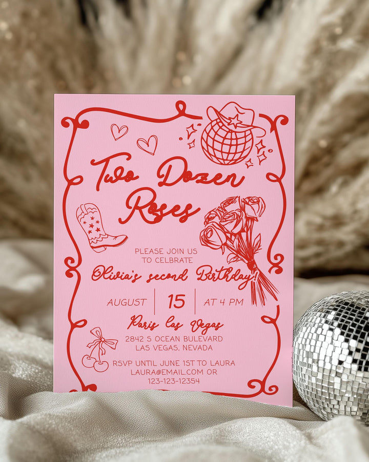 Two Dozen Roses Girls Birthday Invitation for Toddler Handwritten Cowgirl 2nd Birthday Invite Template Country Song Rodeo Birthday Bash #070 - TheLovebirdsDesign