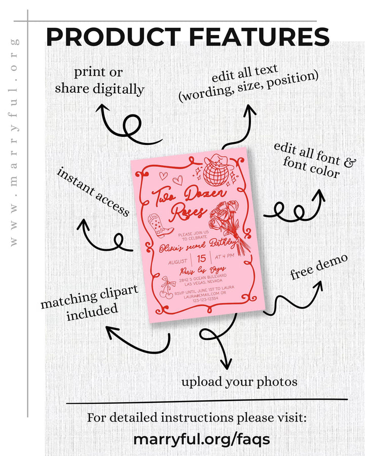 Two Dozen Roses Girls Birthday Invitation for Toddler Handwritten Cowgirl 2nd Birthday Invite Template Country Song Rodeo Birthday Bash #070 - TheLovebirdsDesign