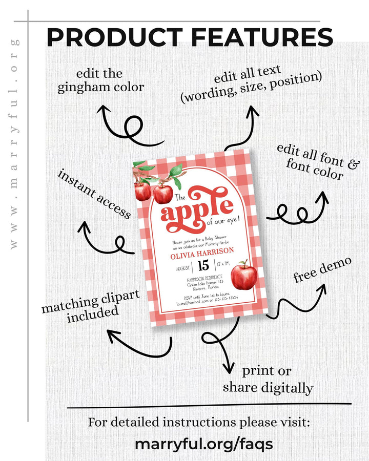 Apple of Our Eye Baby Shower Bundle Fall Themed Invite & Decor Template Editable Red Gingham Suite for Apple Themed Baby Celebration #068 - TheLovebirdsDesign
