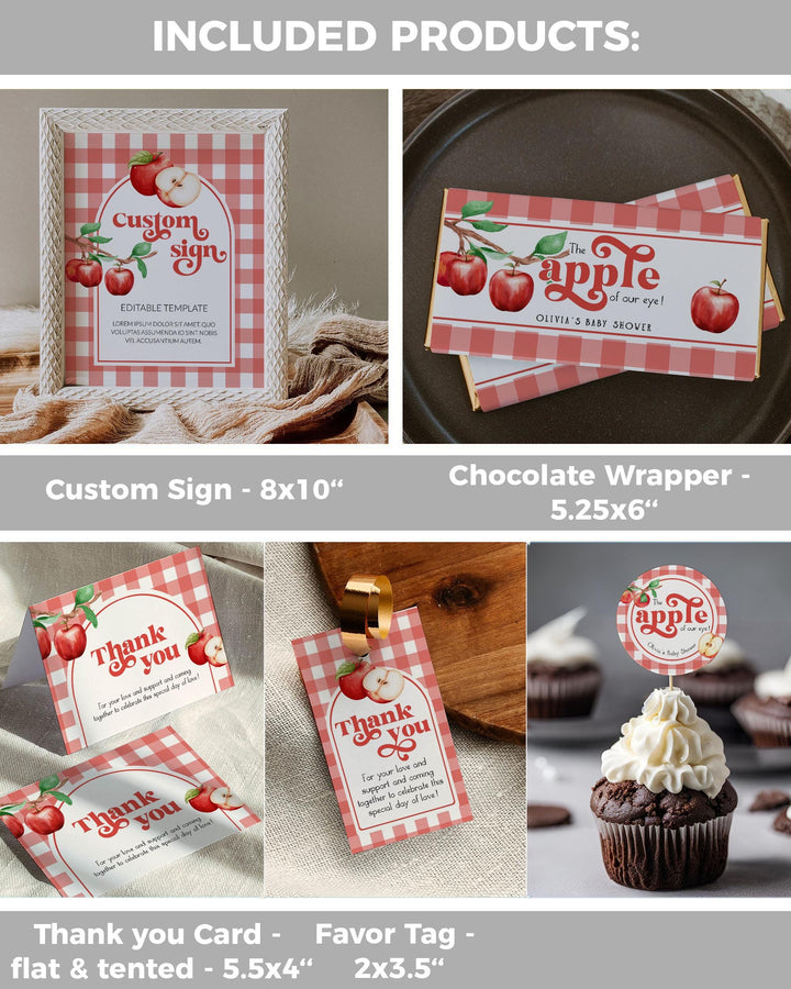 Apple of Our Eye Baby Shower Bundle Fall Themed Invite & Decor Template Editable Red Gingham Suite for Apple Themed Baby Celebration #068 - TheLovebirdsDesign