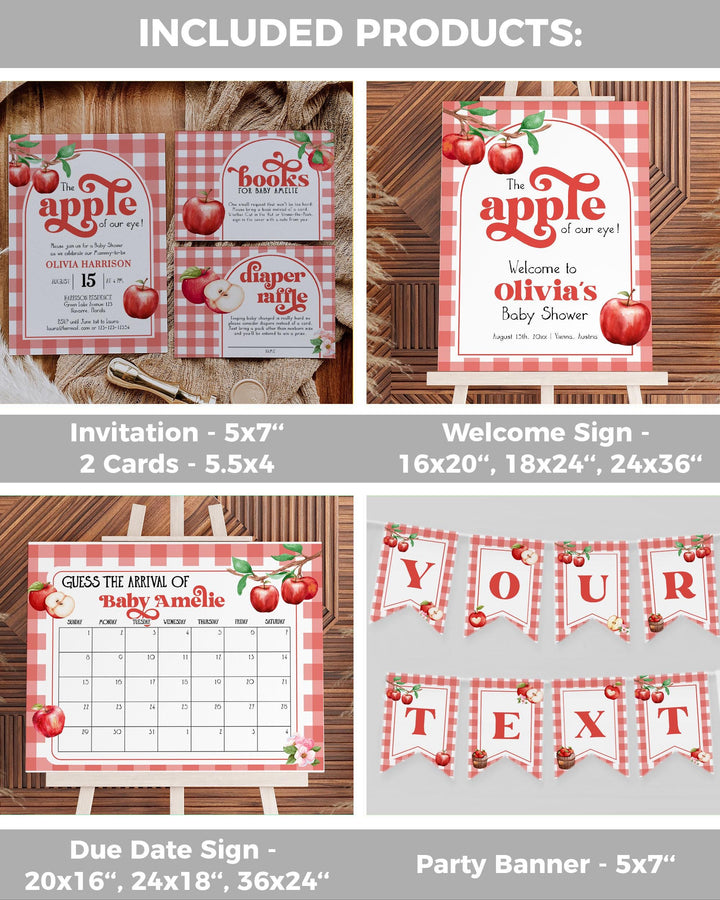 Apple of Our Eye Baby Shower Bundle Fall Themed Invite & Decor Template Editable Red Gingham Suite for Apple Themed Baby Celebration #068 - TheLovebirdsDesign