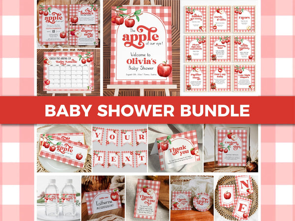 Apple of Our Eye Baby Shower Bundle Fall Themed Invite & Decor Template Editable Red Gingham Suite for Apple Themed Baby Celebration #068 - TheLovebirdsDesign