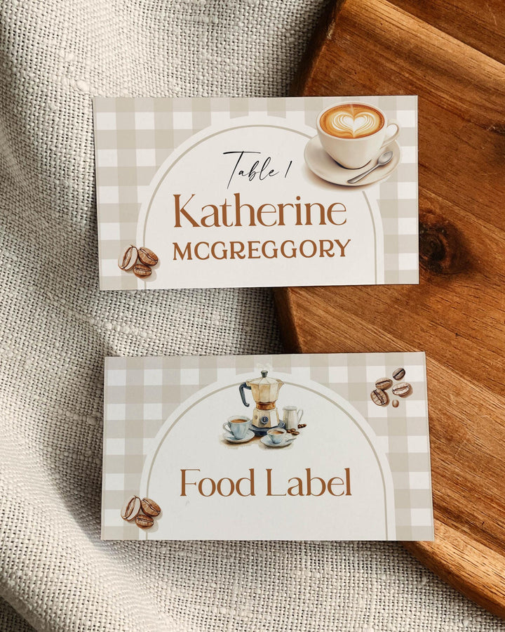 Coffee Bean Baby Shower Place Cards Coffee Shop Baby Brunch Food Labels for Baby is Brewing French Bakery Cafe Bebe Baby Party Template #068 - TheLovebirdsDesign