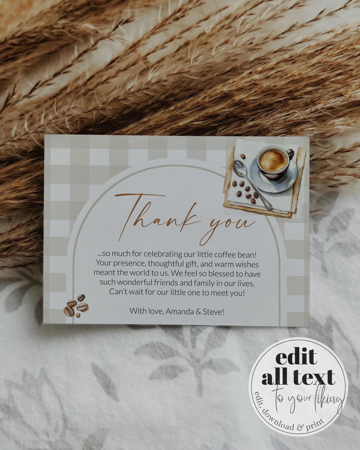 Coffee Bean Baby Shower Thank you Card for A Baby is Brewing Baby Brunch or French Cafe Bebe Bakery Themed Party Printable Template #068 - TheLovebirdsDesign