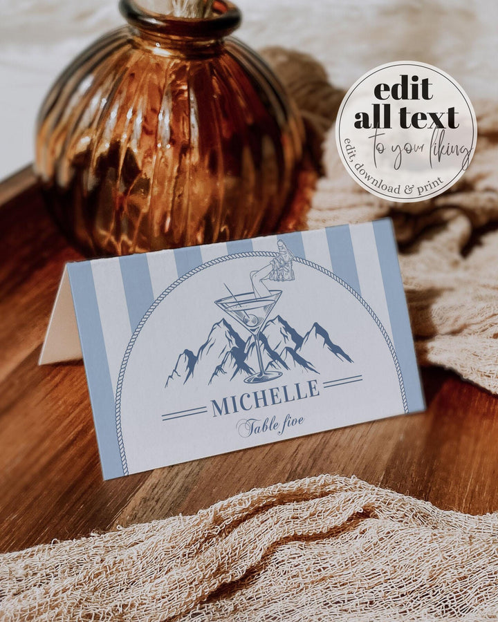 Winter Après Ski Place Cards & Mountain Ski Party Food Labels Template for Unique Chalet Après Ski Bachelorette Party Celebration #072 - TheLovebirdsDesign