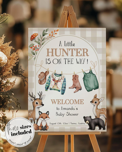 Forest Animal Hunter Baby Shower Welcome Sign Template with Baby Clothes Line Little Hunter Baby Shower Decor Sign for Boys #068 - TheLovebirdsDesign