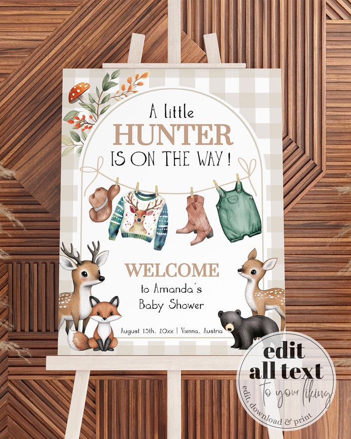 Forest Animal Hunter Baby Shower Welcome Sign Template with Baby Clothes Line Little Hunter Baby Shower Decor Sign for Boys #068 - TheLovebirdsDesign