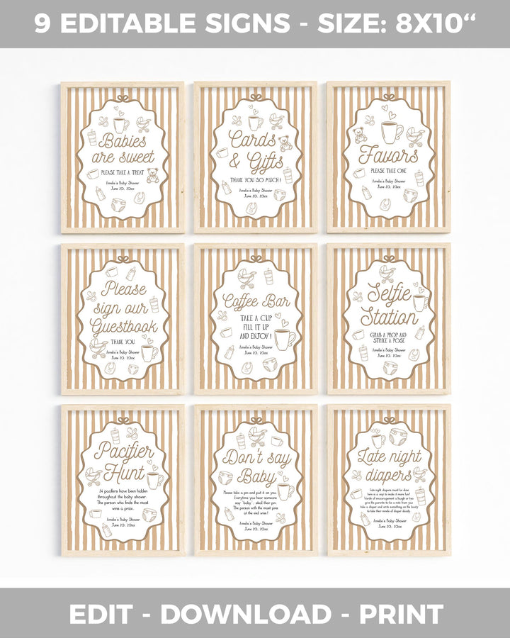 Hand Drawn Coffee Bean Baby Shower Bundle Invitation Signs Decor for Baby is Brewing Brunch at Cafe Bebe French Bakery Party Templates #070 - TheLovebirdsDesign