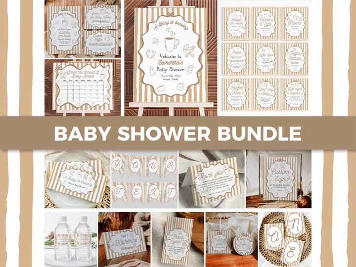 Hand Drawn Coffee Bean Baby Shower Bundle Invitation Signs Decor for Baby is Brewing Brunch at Cafe Bebe French Bakery Party Templates #070 - TheLovebirdsDesign