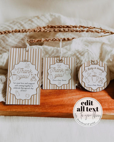 Coffee Bean Baby Shower Favor Tags Label Sticker for Cafe Bébé French Bakery Shower Guest Favors Baby is Brewing Brunch Decor Templates #070 - TheLovebirdsDesign
