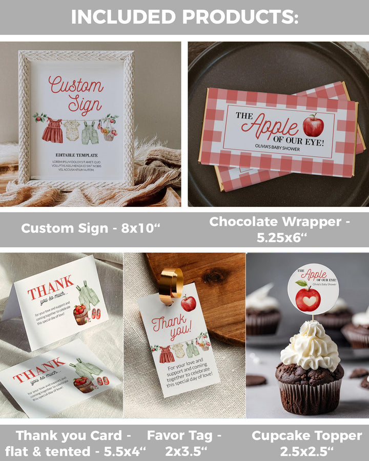 Apple Baby Shower Bundle for Girls Apple of our Eye Themed Baby Shower Invite and Decor Templates Fall Gingham Harvest Baby Brunch #072 - TheLovebirdsDesign