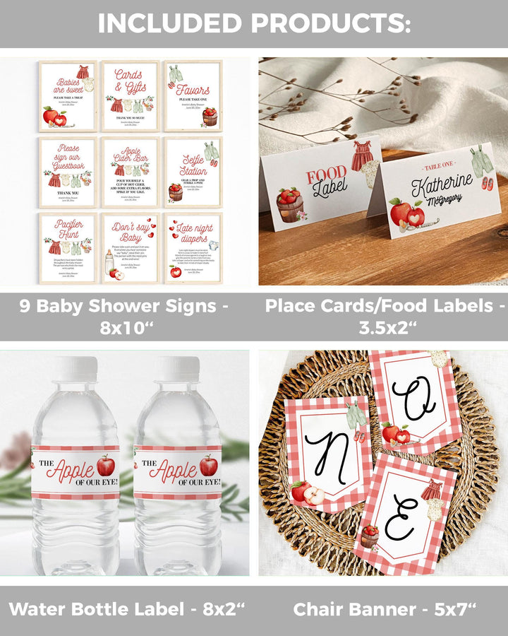 Apple Baby Shower Bundle for Girls Apple of our Eye Themed Baby Shower Invite and Decor Templates Fall Gingham Harvest Baby Brunch #072 - TheLovebirdsDesign