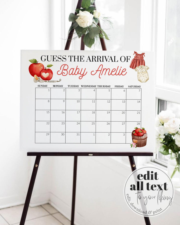 Apple Themed Shower Baby Arrival Game Sign for Girls Apple of our Eye Guess Due Date Party Decoration Template Fall Harvest Baby Brunch #072 - TheLovebirdsDesign