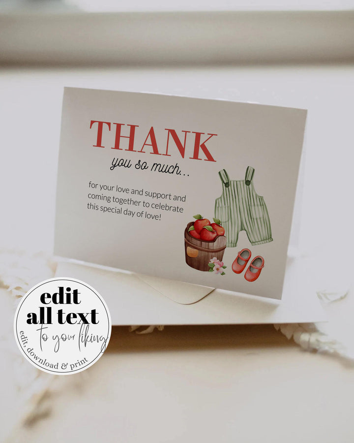 Apple Baby Shower Thank you Card for Girls Apple of our Eye themed Fall Harvest Baby Brunch Printable Thank you Note Template #072 - TheLovebirdsDesign