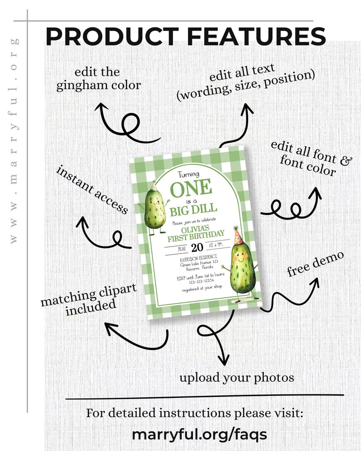 ONE Big Dill Pickle themed Birthday Bundle with Invitation and Decor for First Birthday Boy or Girl Pickle Party Template 1st Birthday #068 - TheLovebirdsDesign