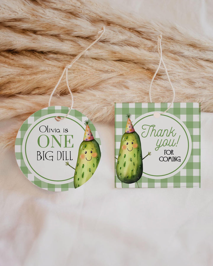 ONE Big Dill Pickle themed 1st Birthday Favour Tags Gift Label and Sticker for Boy or Girl Pickle Party Cupcake Topper Template #068 - TheLovebirdsDesign