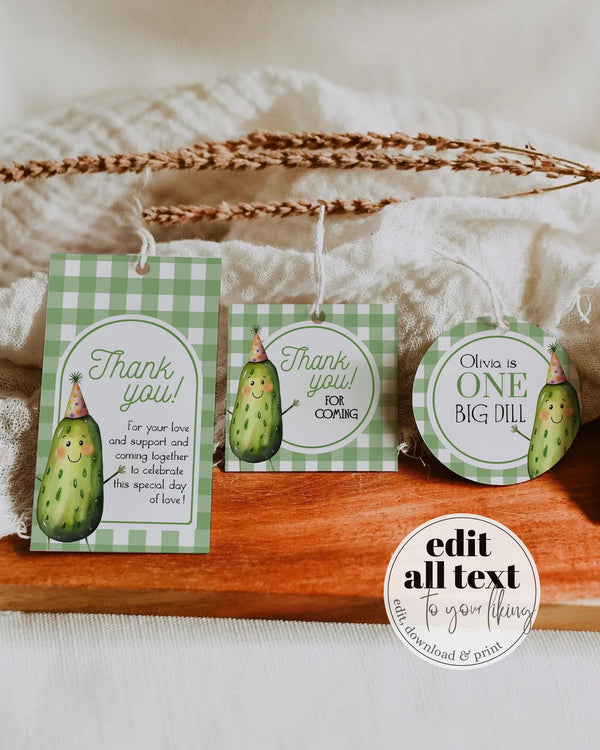 ONE Big Dill Pickle themed 1st Birthday Favour Tags Gift Label and Sticker for Boy or Girl Pickle Party Cupcake Topper Template #068 - TheLovebirdsDesign