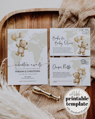 Beige Gender Neutral Adventure Awaits Baby Shower Invitation for Boy or Girl Cute Teddy Bear and Balloon Travel Themed Invite Template #072w - TheLovebirdsDesign