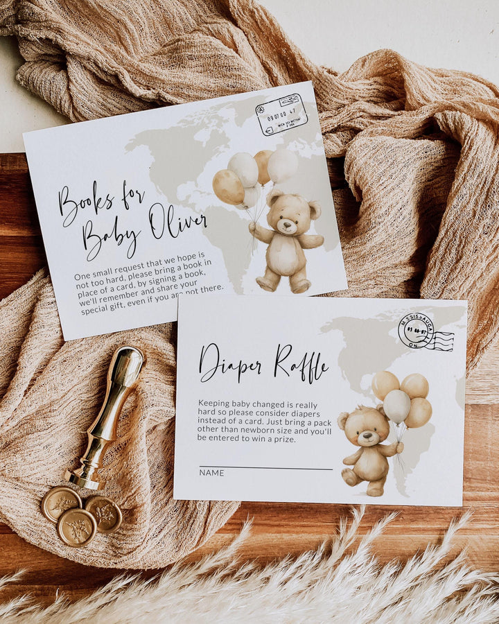 Beige Gender Neutral Adventure Awaits Baby Shower Invitation for Boy or Girl Cute Teddy Bear and Balloon Travel Themed Invite Template #072w - TheLovebirdsDesign