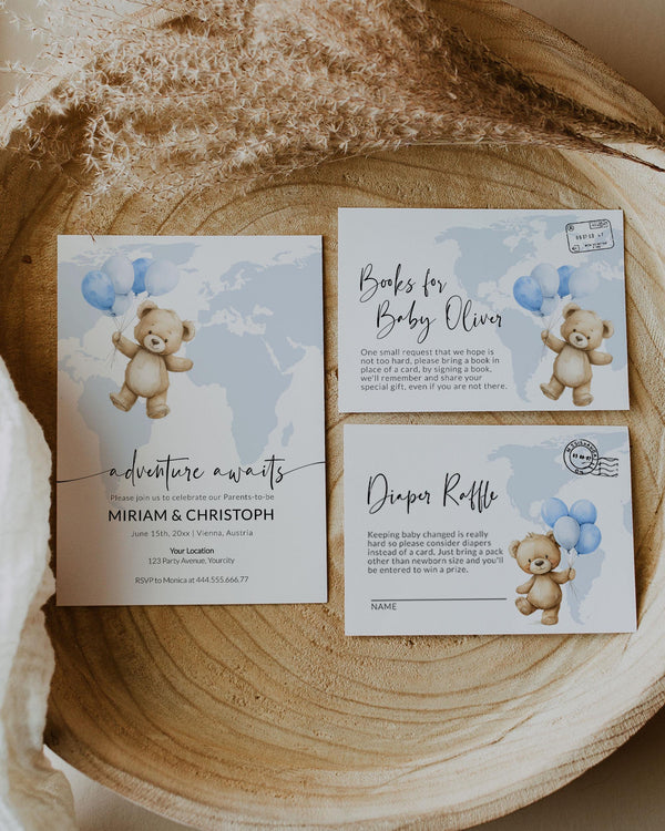 Blue Adventure Awaits Flying Teddy Bear Baby Shower Invitation Template Printable Travel Themed Baby Party Invite with World Map #072w - TheLovebirdsDesign