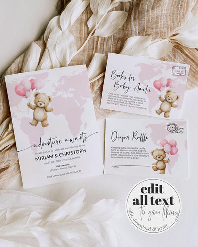 Adventure Awaits Travel Themed Baby Shower Invitation for Girls Printable Pink World Map Teddy Bear with Balloons Baby Party Invite #072w - TheLovebirdsDesign
