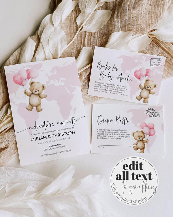 Adventure Awaits Travel Themed Baby Shower Invitation for Girls Printable Pink World Map Teddy Bear with Balloons Baby Party Invite #072w - TheLovebirdsDesign
