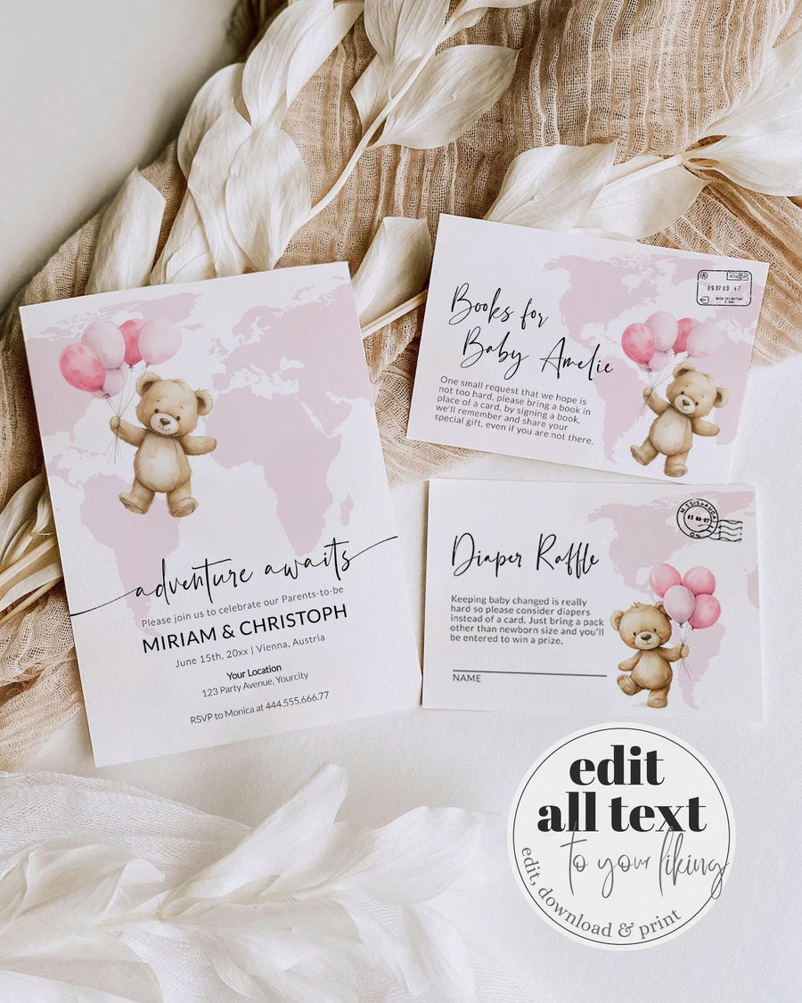 Pink Adventure Awaits Baby Shower Invitation Template, Teddy Bear Balloon Travel Theme #072w - marryful.org