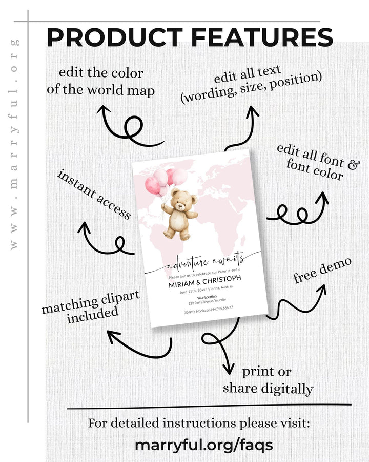 Adventure Awaits Travel Themed Baby Shower Invitation for Girls Printable Pink World Map Teddy Bear with Balloons Baby Party Invite #072w - TheLovebirdsDesign