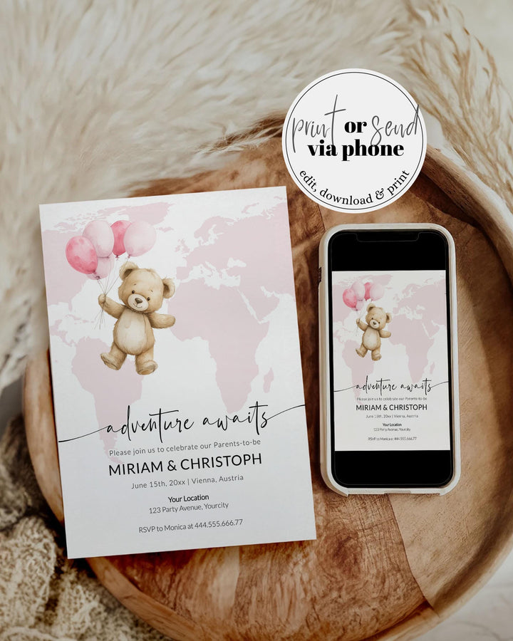 Adventure Awaits Travel Themed Baby Shower Invitation for Girls Printable Pink World Map Teddy Bear with Balloons Baby Party Invite #072w - TheLovebirdsDesign