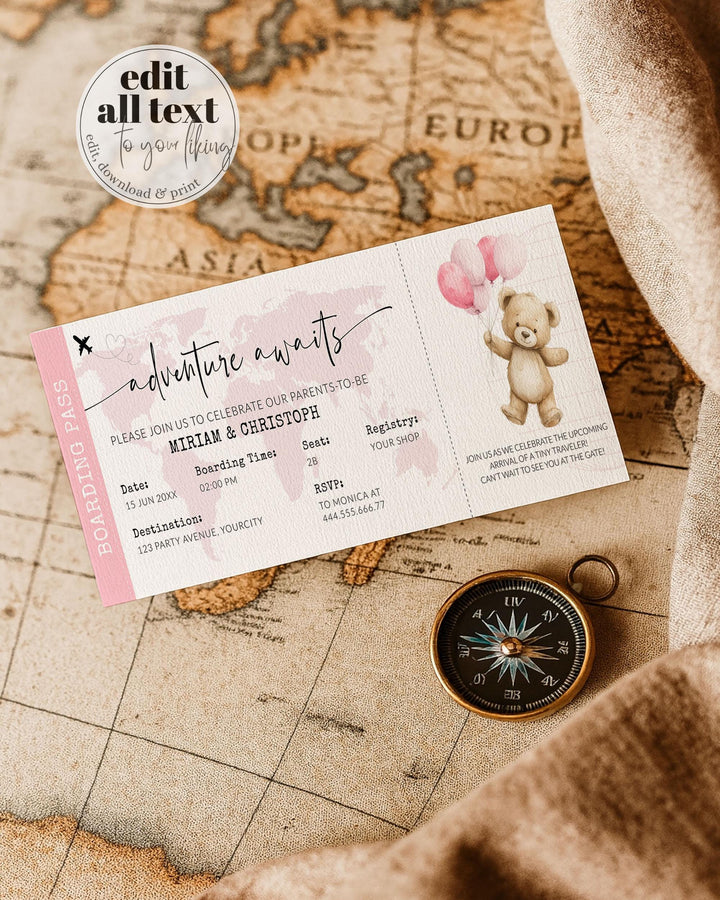 Pink Adventure Awaits Boarding Pass Baby Shower Invitation Template with Teddy Balloons and World Map, Editable Printable Party Invite #072w - TheLovebirdsDesign