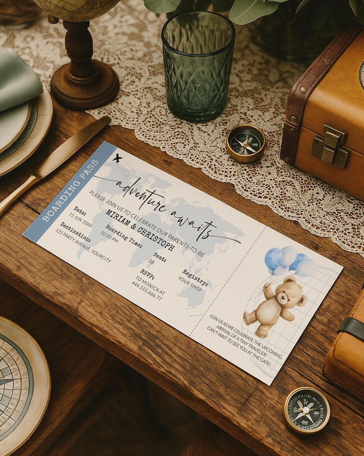 Blue Adventure Awaits Baby Shower Boarding Pass Invitation Template for Boys Travel Themed Baby Sprinkle Editable Party Printable #072w - TheLovebirdsDesign