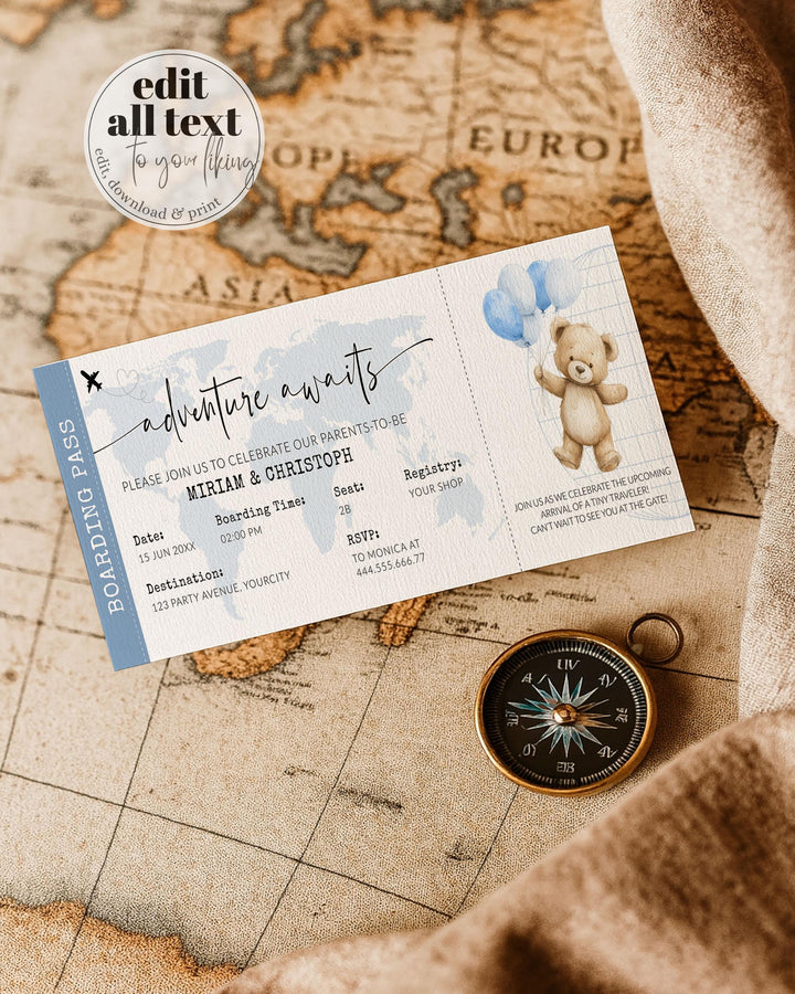 Blue Adventure Awaits Baby Shower Boarding Pass Invitation Template for Boys Travel Themed Baby Sprinkle Editable Party Printable #072w - TheLovebirdsDesign