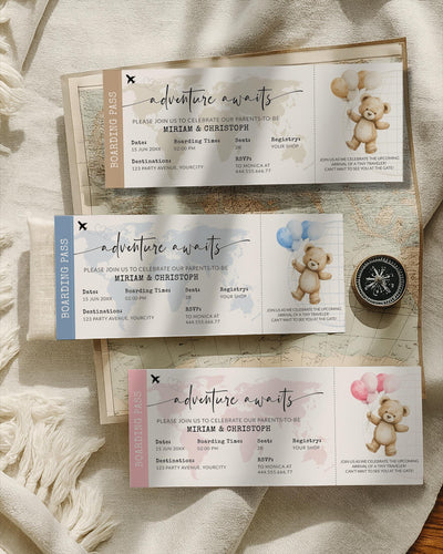 Adventure Awaits Boarding Pass Baby Shower Template for Travel Themed Baby Party with World Map & Cute Teddy Bear Balloons Co-ed Shower #068 - TheLovebirdsDesign