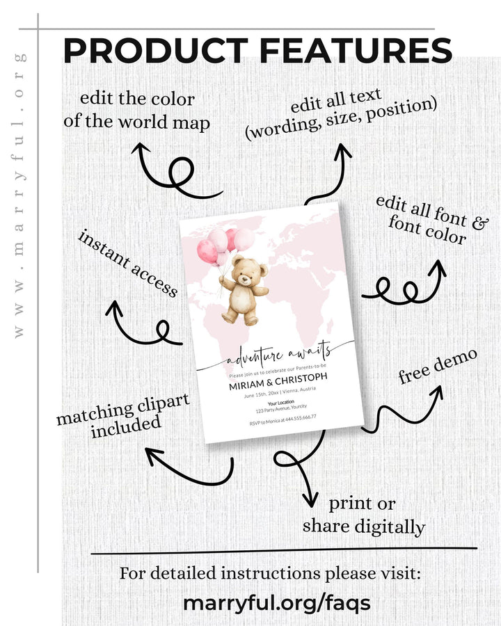 Pink Adventure Awaits Boarding Pass Baby Shower Invitation Template with Teddy Balloons and World Map, Editable Printable Party Invite #072w - TheLovebirdsDesign