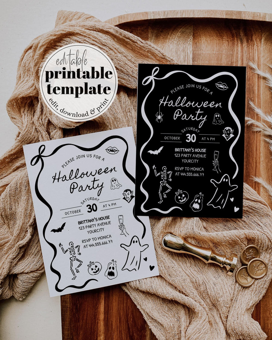 Halloween Party Invitation, Black White Doodle Invite, Cute Ghost Skeleton Printable Editable Template