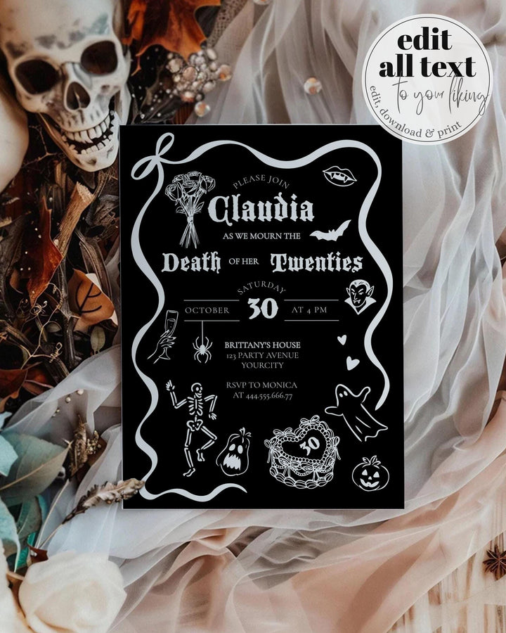 Halloween Birthday Invitation Template Death to my 20s or RIP 30th Adult Birthday Bash Invite Editable Handwritten Template Wavy Frame #076 - TheLovebirdsDesign