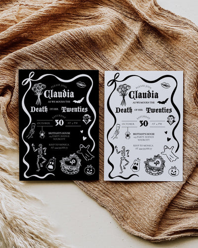 Halloween Birthday Invitation Template Death to my 20s or RIP 30th Adult Birthday Bash Invite Editable Handwritten Template Wavy Frame #076 - TheLovebirdsDesign