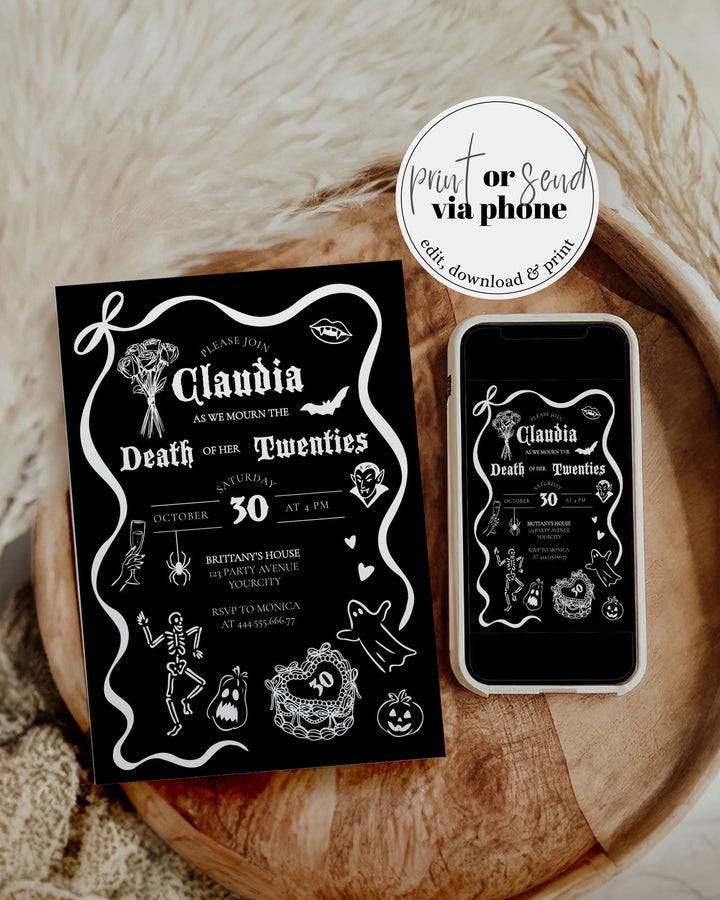Halloween Birthday Invitation Template Death to my 20s or RIP 30th Adult Birthday Bash Invite Editable Handwritten Template Wavy Frame #076 - TheLovebirdsDesign