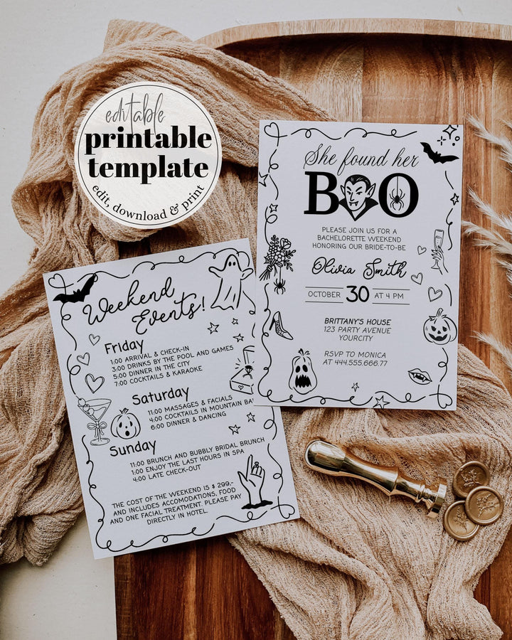 She found her Boo Halloween Bridal Shower Invitation Gothic Hen Do Weekend Itinerary Template with wavy frame spooky hand drawn icons #070 - TheLovebirdsDesign