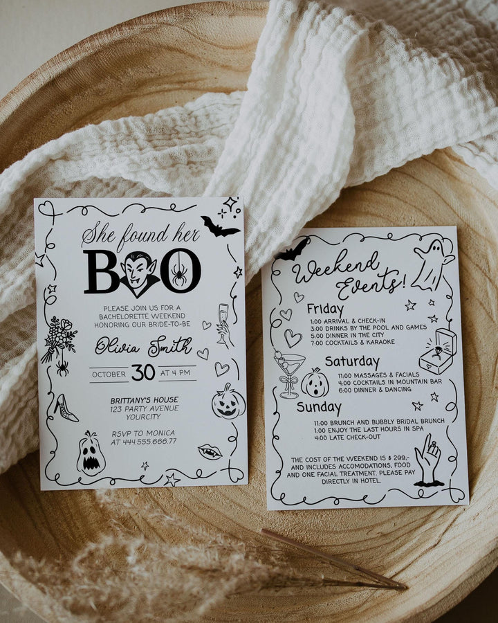 She found her Boo Halloween Bridal Shower Invitation Gothic Hen Do Weekend Itinerary Template with wavy frame spooky hand drawn icons #070 - TheLovebirdsDesign