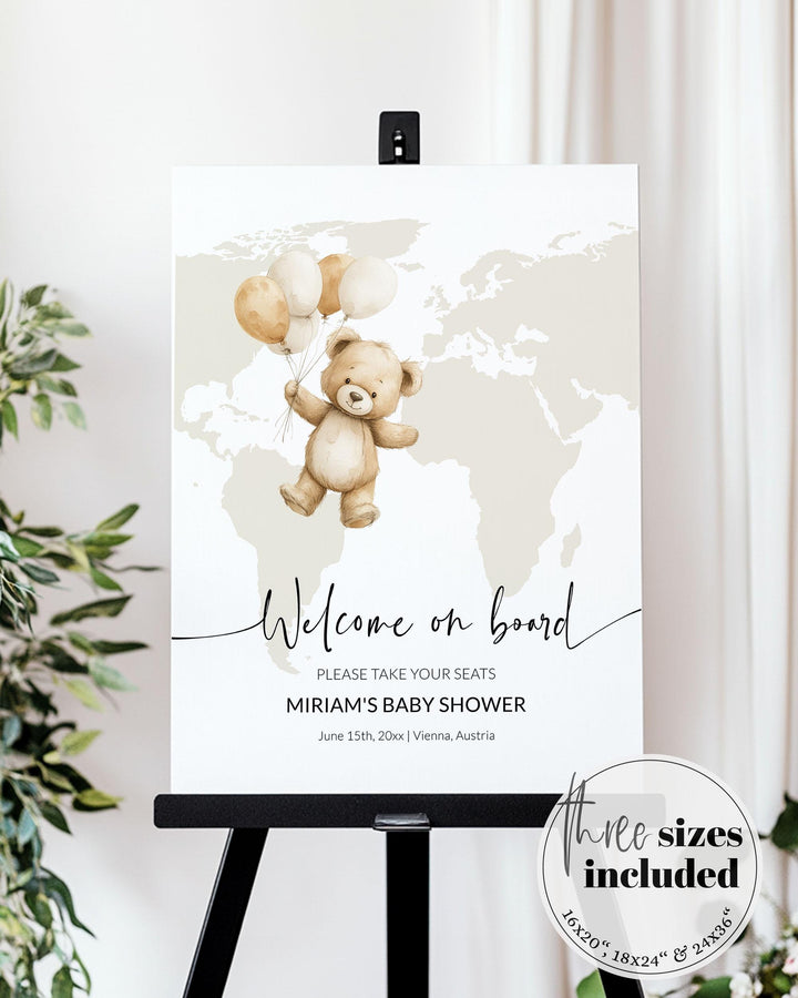 Adventure Awaits Baby Shower Welcome Sign for Boy or Girl Cute Teddy Bear and Balloon Travel Themed Welcome Sign Party Decor Template #072w - TheLovebirdsDesign