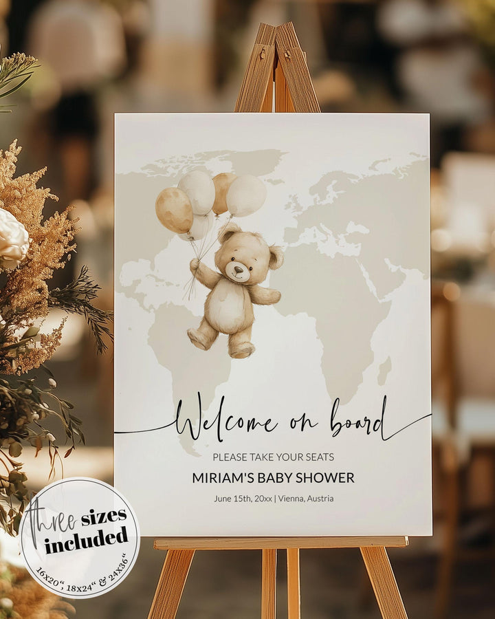 Adventure Awaits Baby Shower Welcome Sign for Boy or Girl Cute Teddy Bear and Balloon Travel Themed Welcome Sign Party Decor Template #072w - TheLovebirdsDesign