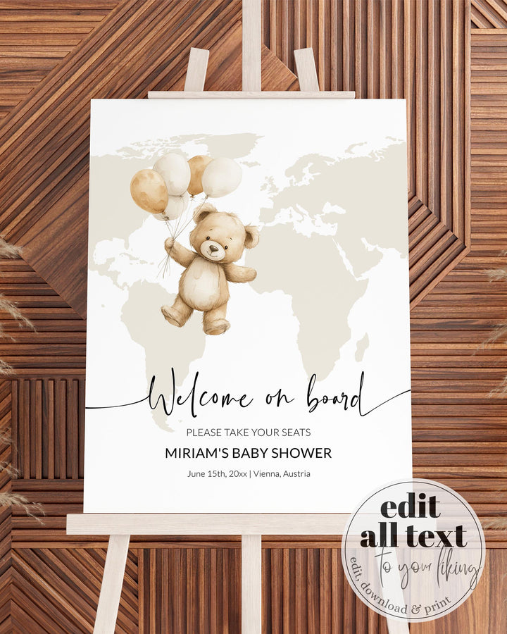 Adventure Awaits Baby Shower Welcome Sign for Boy or Girl Cute Teddy Bear and Balloon Travel Themed Welcome Sign Party Decor Template #072w - TheLovebirdsDesign