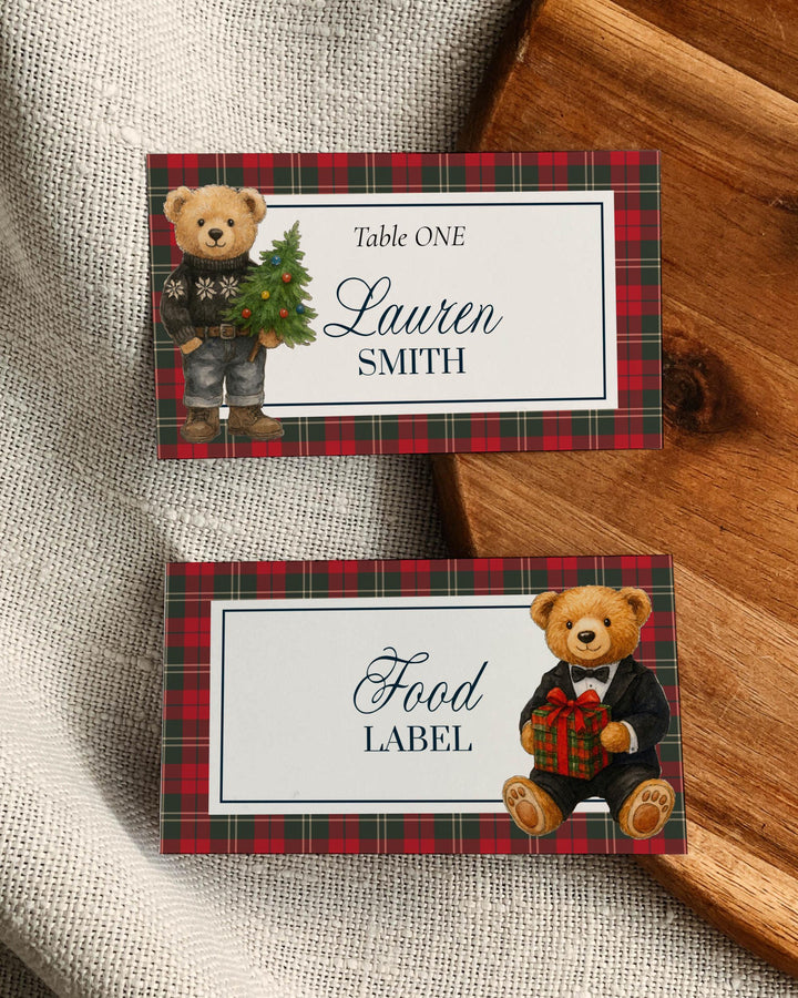 Christmas Bear Place Cards and Food Label Template Ralph Vintage Luxury Polo Baby Shower Decoration Tuxedo Teddy Bear Theme Party #068 - TheLovebirdsDesign