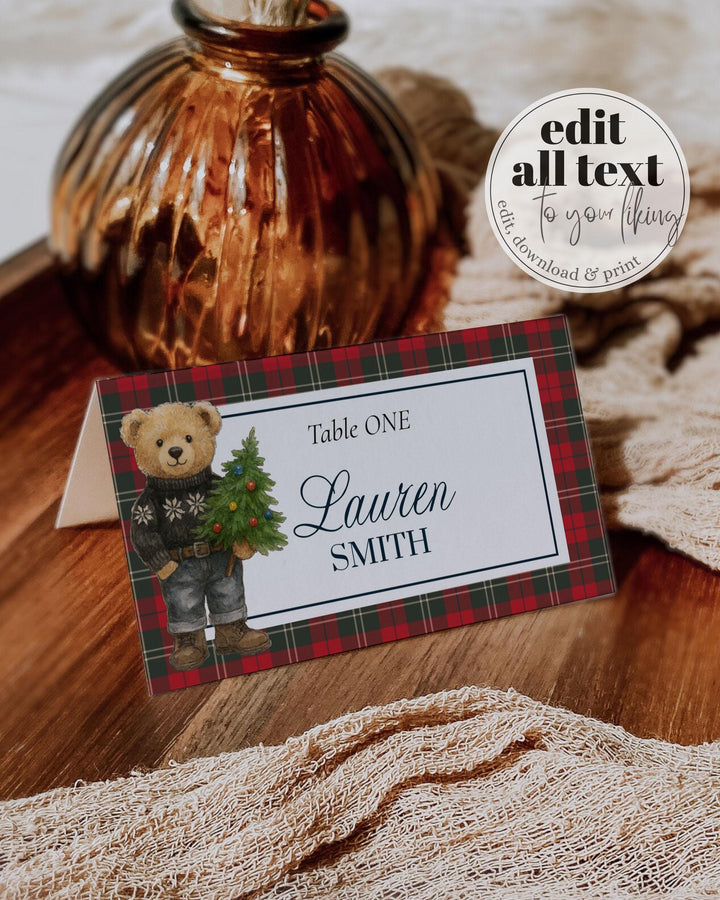 Christmas Bear Place Cards and Food Label Template Ralph Vintage Luxury Polo Baby Shower Decoration Tuxedo Teddy Bear Theme Party #068 - TheLovebirdsDesign